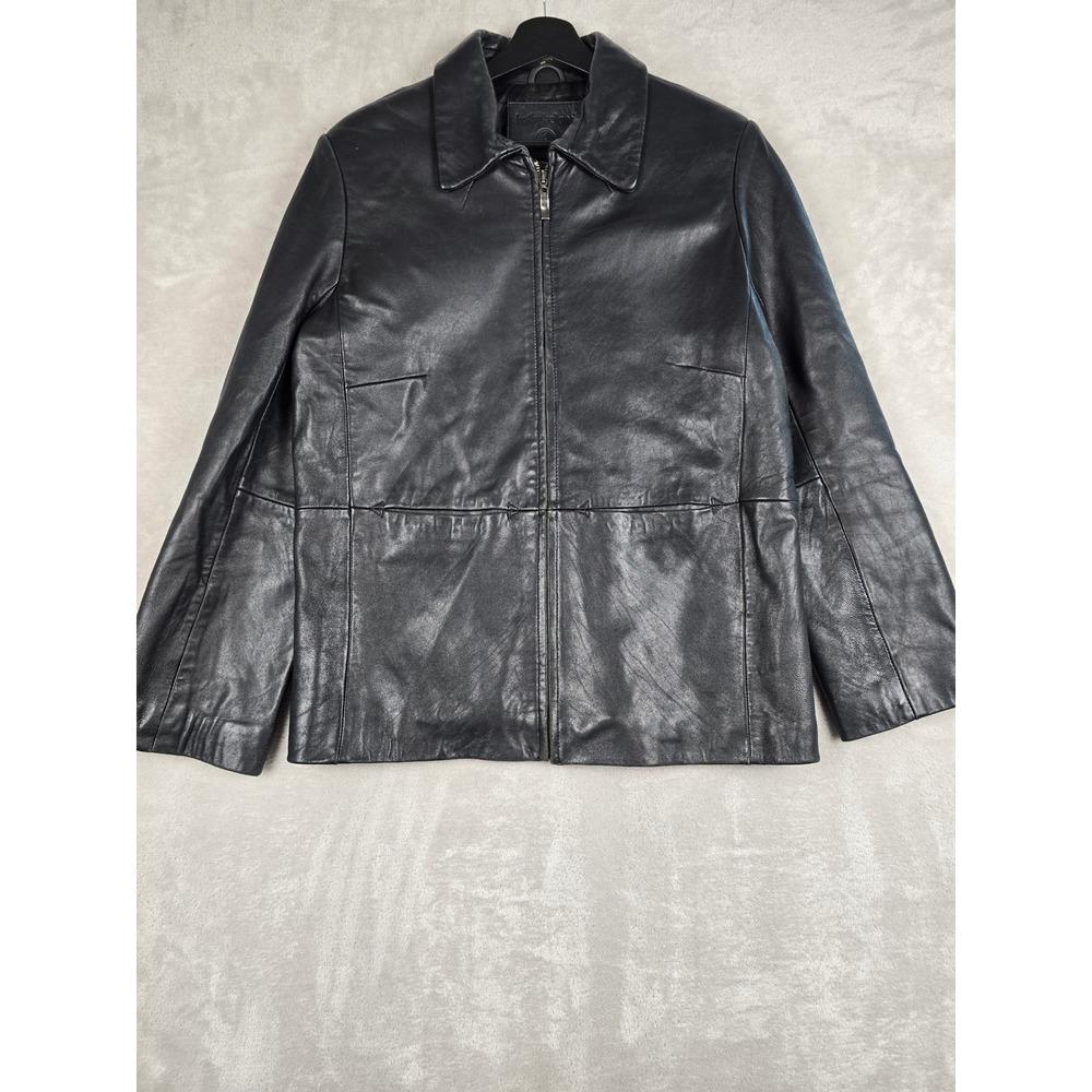 Kathy Ireland Leather Jacket Womens Medium Black Full Zip Collared Solid Casual
